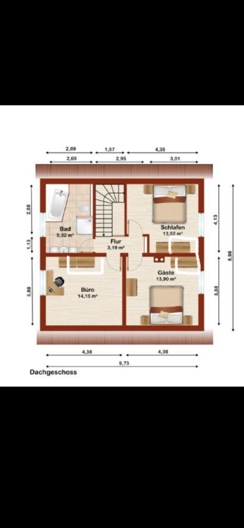 Grundriss Dachgeschoss: Bad, Flur, Büro, Schlafen, Gästezimmer und Treppenhaus.