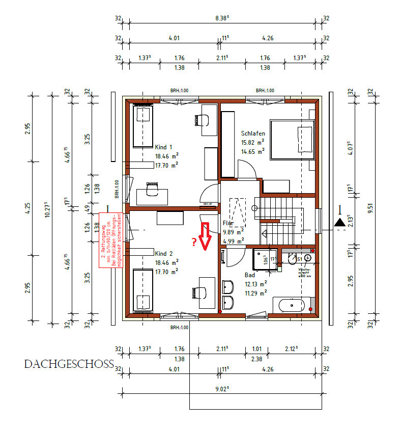 Dachgeschoss-Grundriss: Schlafzimmer, zwei Kinderzimmer, Bad, Flur und Treppenbereich.