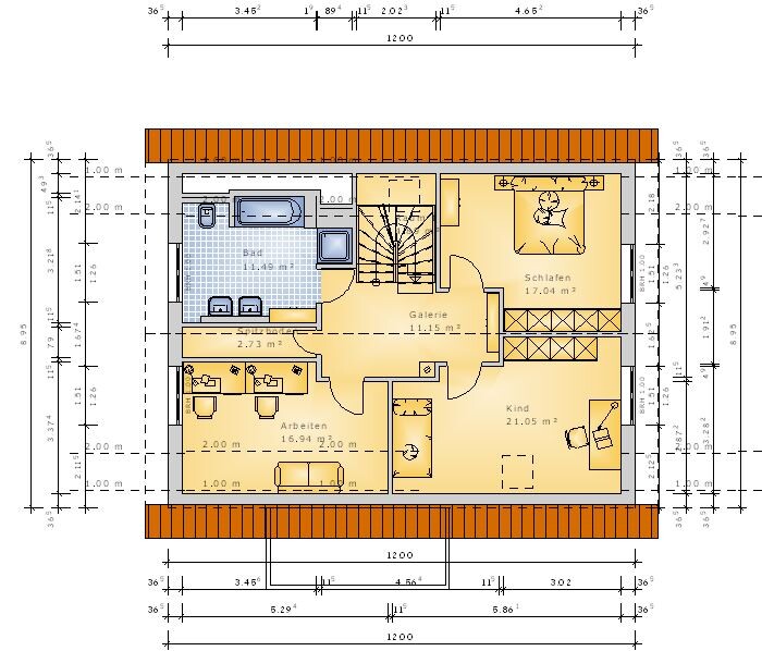 Grundriss eines Dachgeschosses mit Bad, Schlafzimmer, Kinderzimmer, Arbeitszimmer, Galerie.