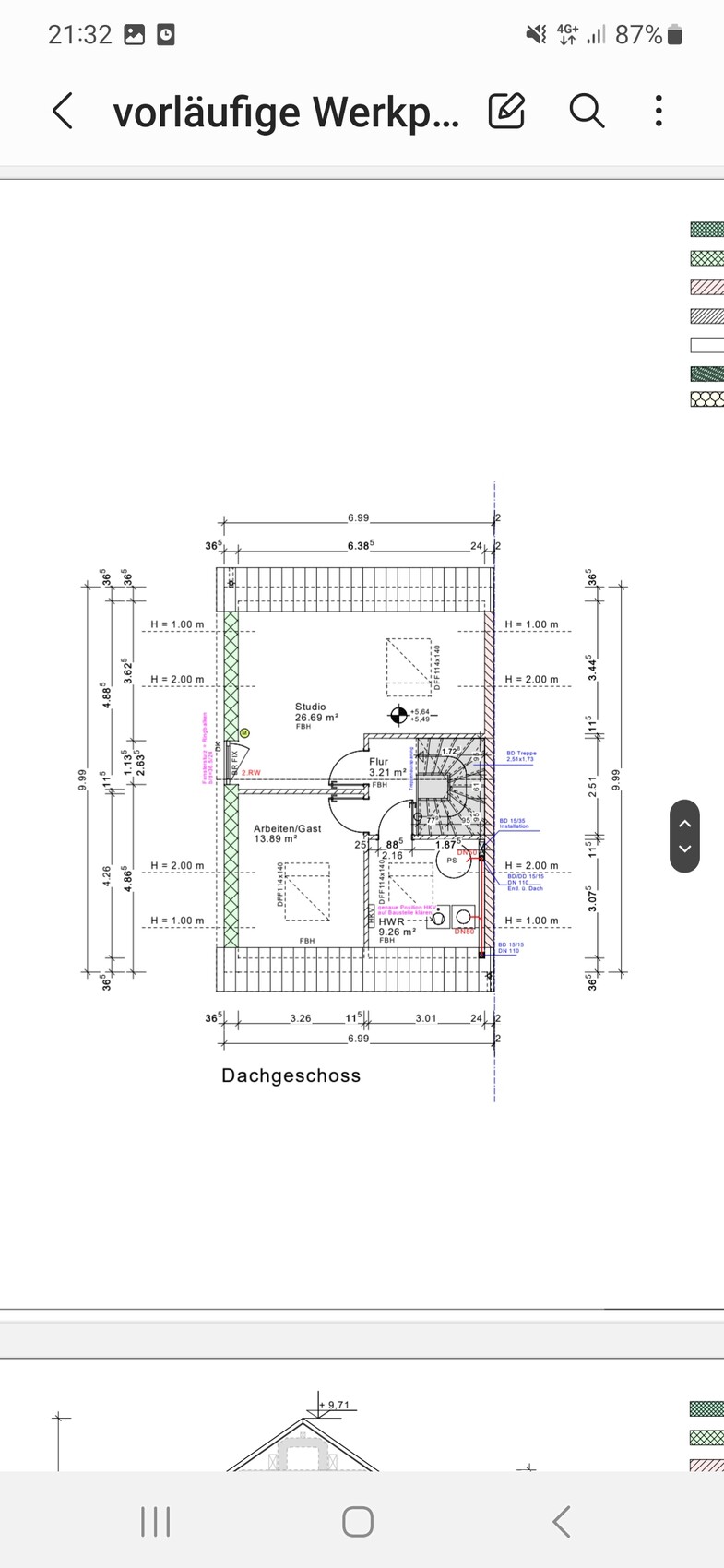 Dachgeschoss-Grundriss: Studio, Arbeiten/Gast, Flur, Treppe; Maße und Raumaufteilung.