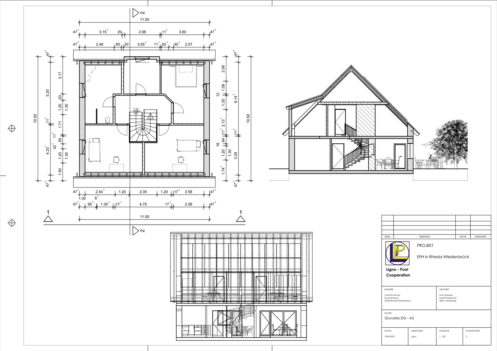 Grundriss, Schnitt und Ansichten eines Einfamilienhauses mit Treppe; Titelblock rechts unten.