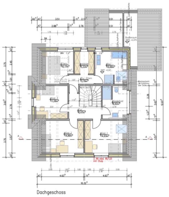 Dachgeschoss Grundriss eines Hauses mit Zimmern, Treppe und Bad