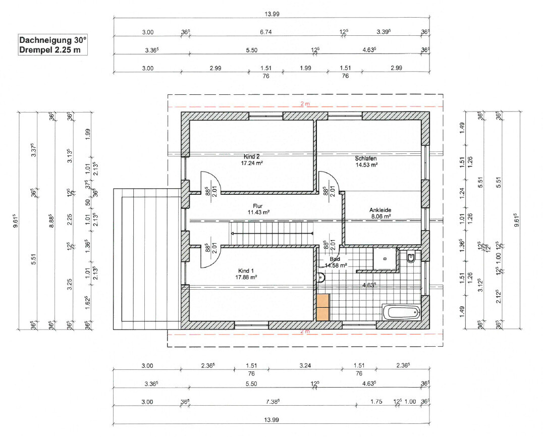 Grundriss eines Obergeschosses mit 2 Kinderzimmern, Schlafen, Bad, Flur, Ankleide und Treppe.