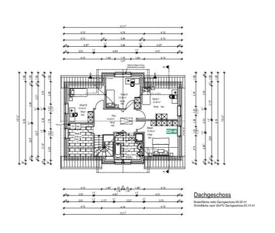 Grundriss Dachgeschoss eines Hauses mit mehreren Zimmern, Treppe und Fluren.