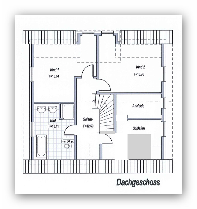 Grundriss Dachgeschoss: 2 Kinderzimmer, Schlafen mit Ankleide, Bad, Galerie, Treppe.