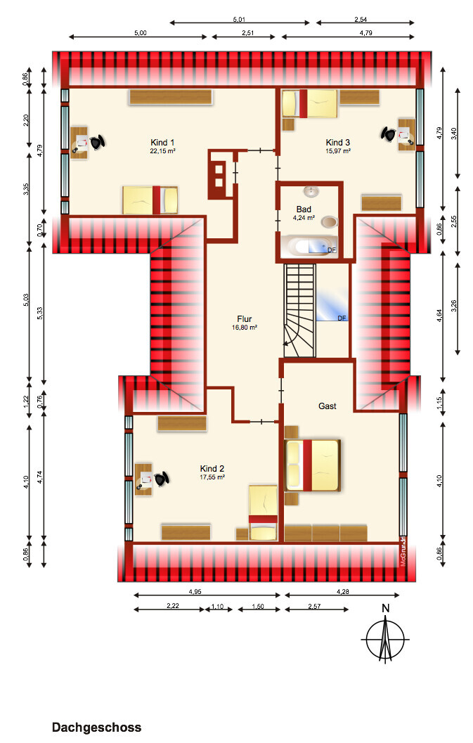 Dachgeschoss-Grundriss: 4 Zimmer (Kind 1-3, Gast), Flur, Bad, Treppenhaus, Nordpfeil