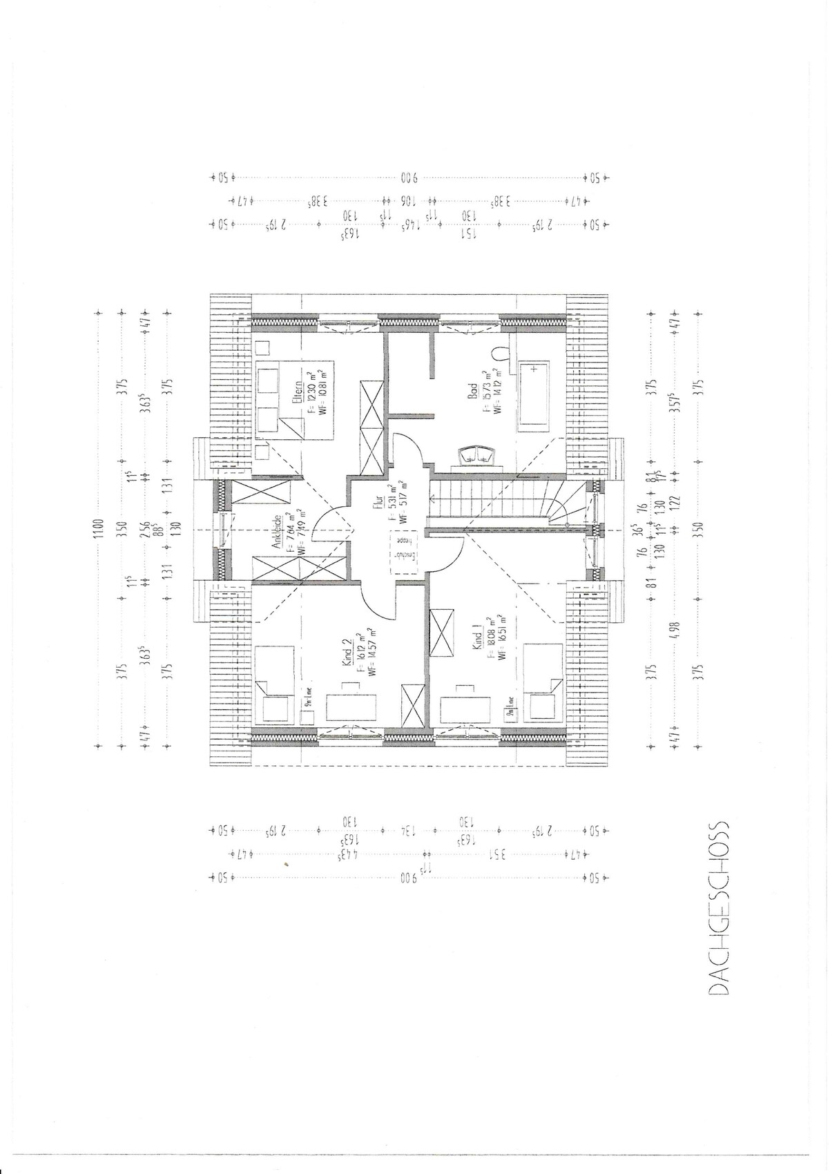 Dachgeschoss-Grundriss eines Hauses mit Flur, Treppe, zwei Schlafzimmern und Bad.