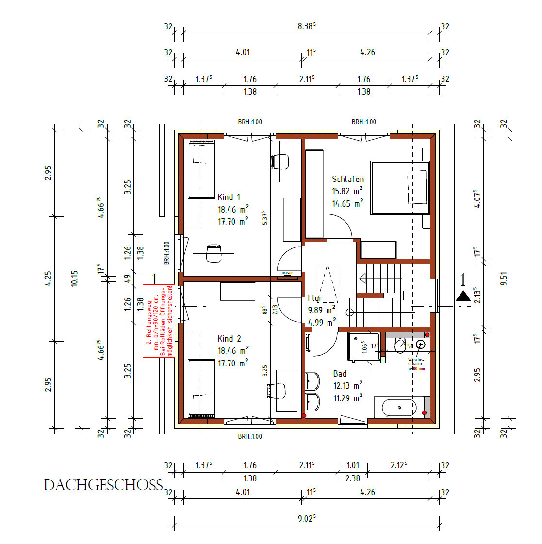 Grundriss Dachgeschoss mit zwei Kinderzimmern, Schlafzimmer, Bad und Flur.