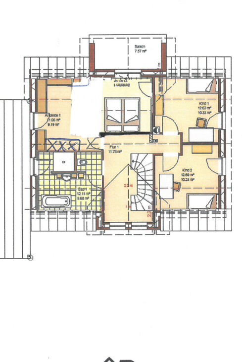 Grundriss eines Obergeschosses mit Flur, Treppe, zwei Kinderzimmer, Schlafzimmer und Badezimmer.