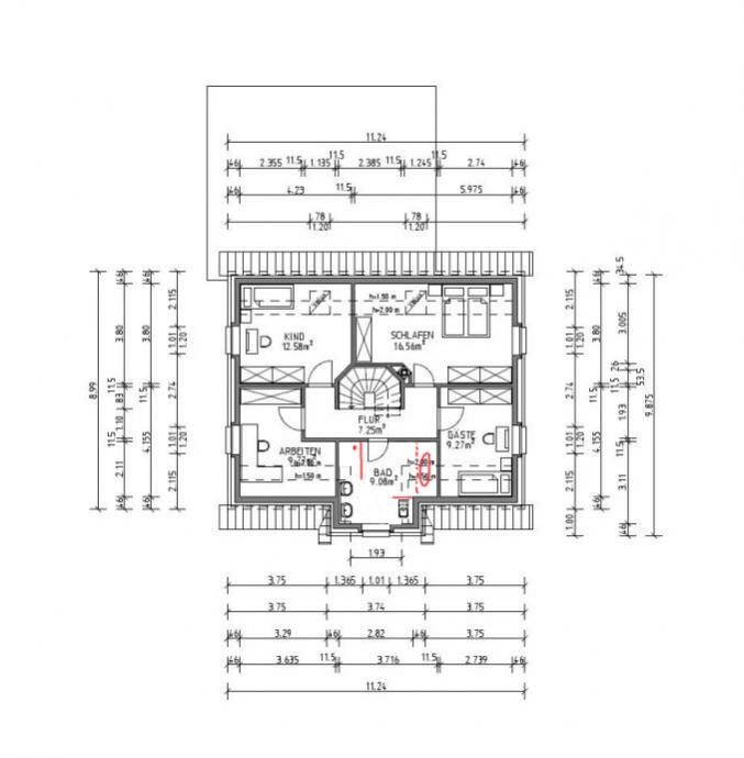 2D-Dachgeschoss-Grundriss eines Hauses mit Schlafzimmer, Kind, Gästezimmer, Bad und Treppe