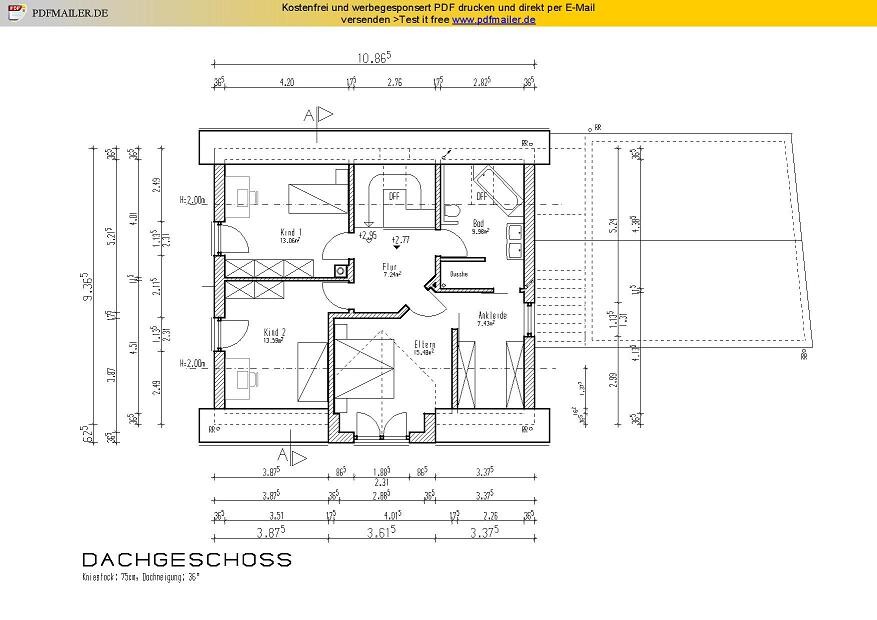 2D-Dachgeschoss-Grundriss eines Hauses mit Zimmern, Flur, Bad und Treppen