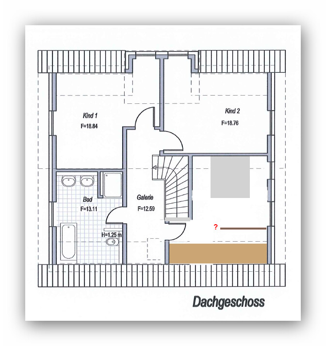 Dachgeschoss-Grundriss: zwei Kinderzimmer, Bad, Galerie, Treppenbereich und Möbel.