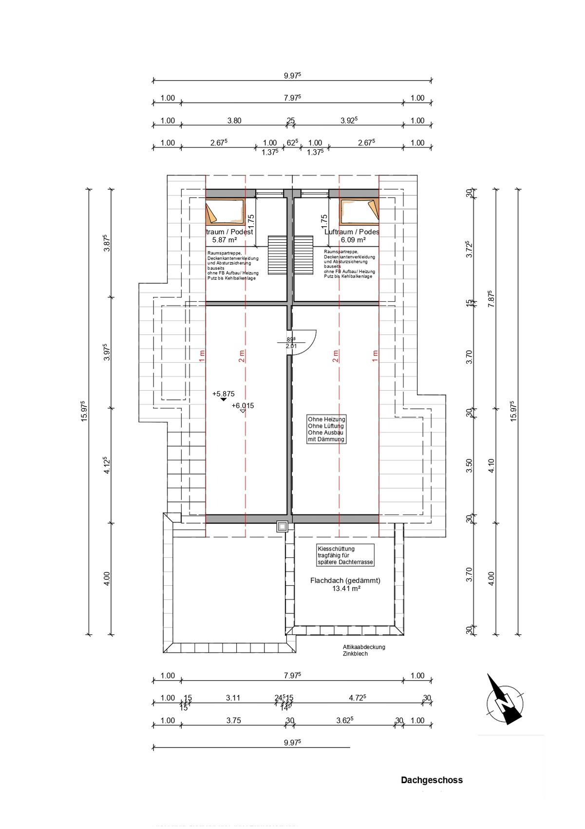 Grundriss Dachgeschoss: zwei Zimmer, Treppe, Flachdach, Maßangaben, Eingangstüren.