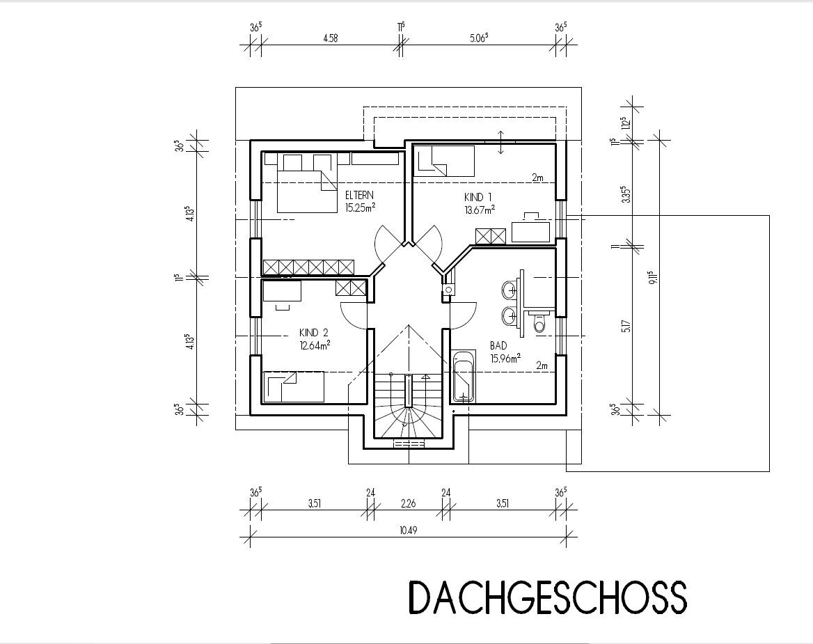 2D Dachgeschoss Grundriss mit Schlafzimmern, Bad, Flur und Treppenhaus