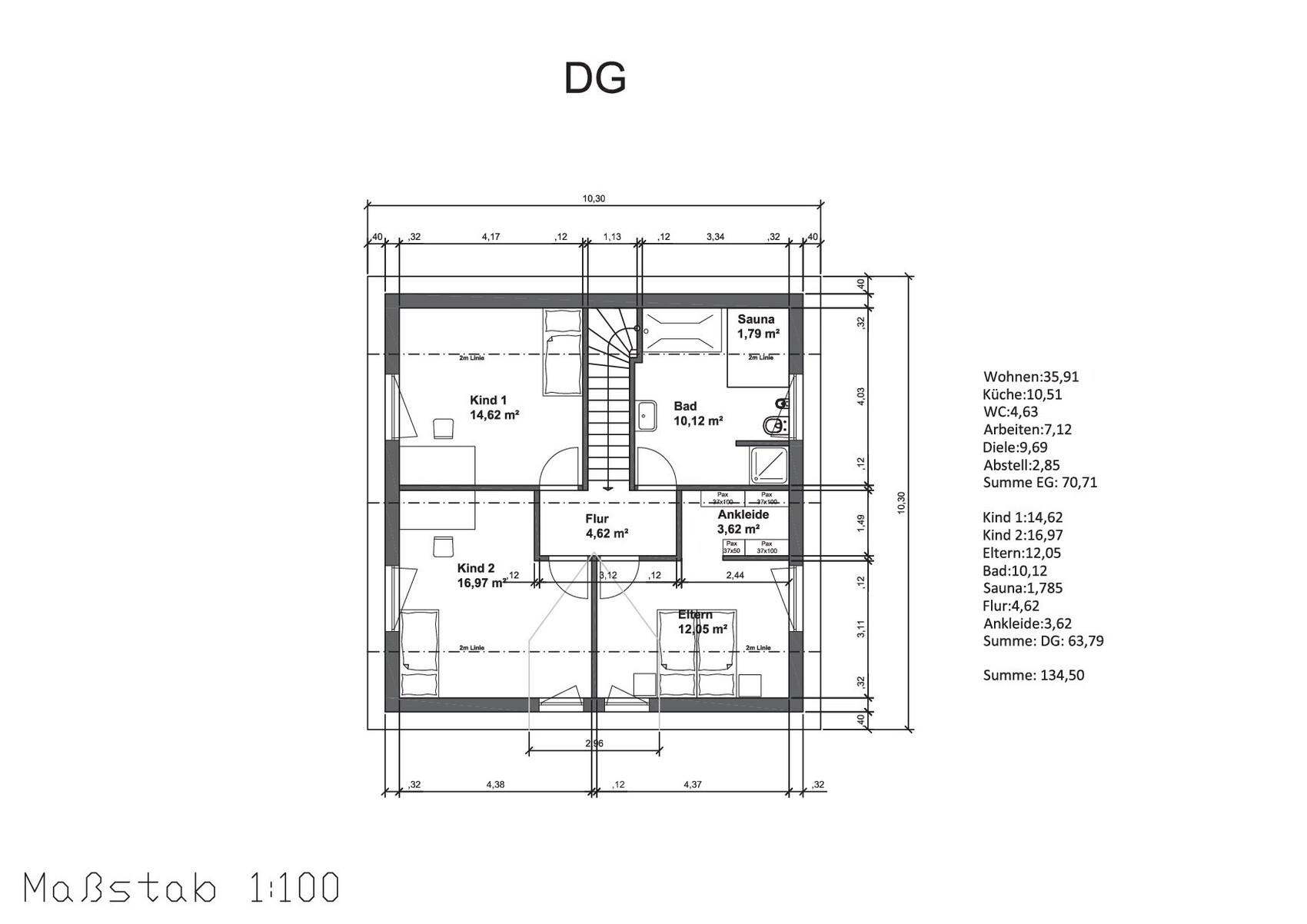 DG-Grundriss des Dachgeschosses mit Kind 1, Kind 2, Eltern, Bad, Sauna, Ankleide, Flur; Maßstab 1:100.