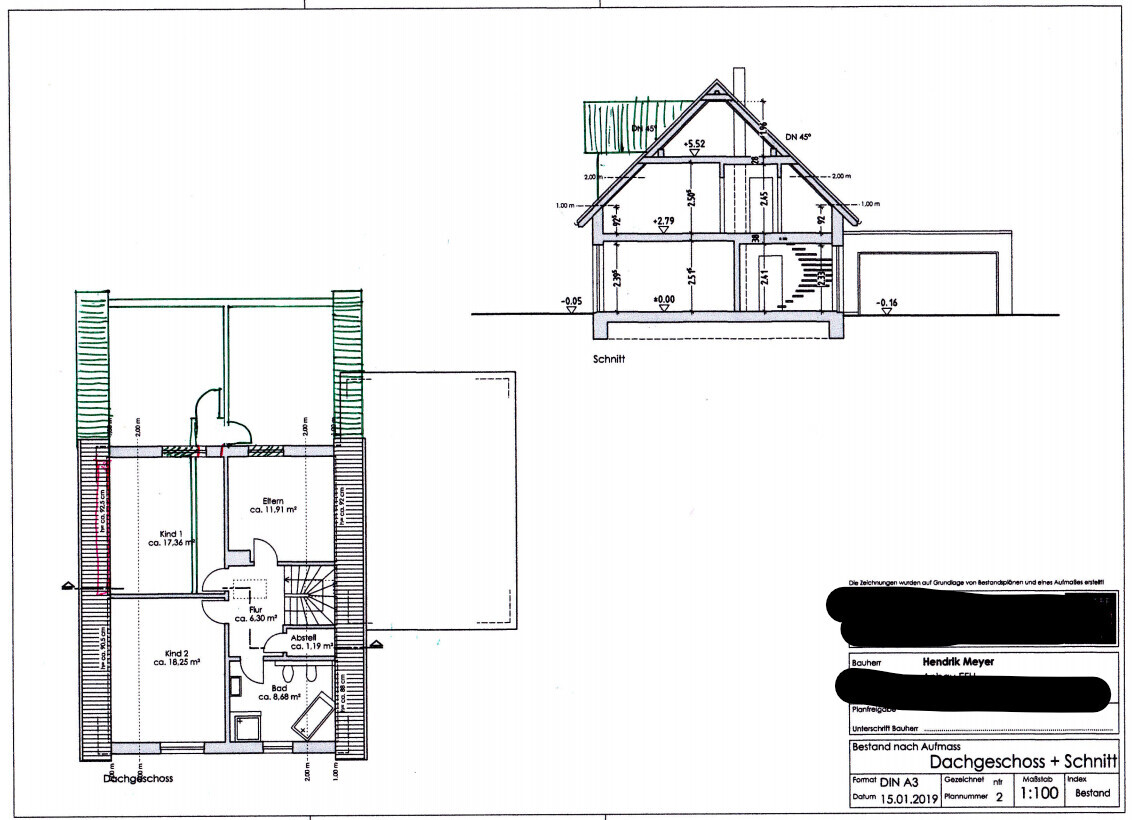 Architekturplan: Dachgeschoss-Grundriss und Schnitt eines Hauses mit Eltern, zwei Kinderzimmer, Bad.