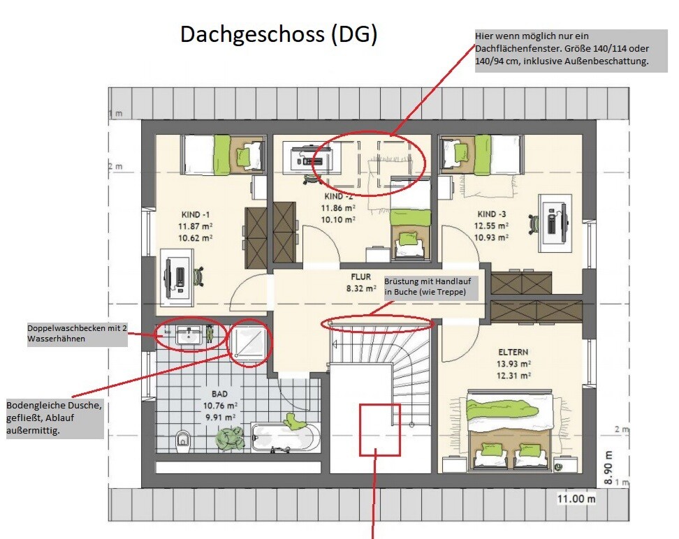 Dachgeschoss-Grundriss mit drei Kinderzimmern, Elternzimmer, Bad, Flur und Treppe.