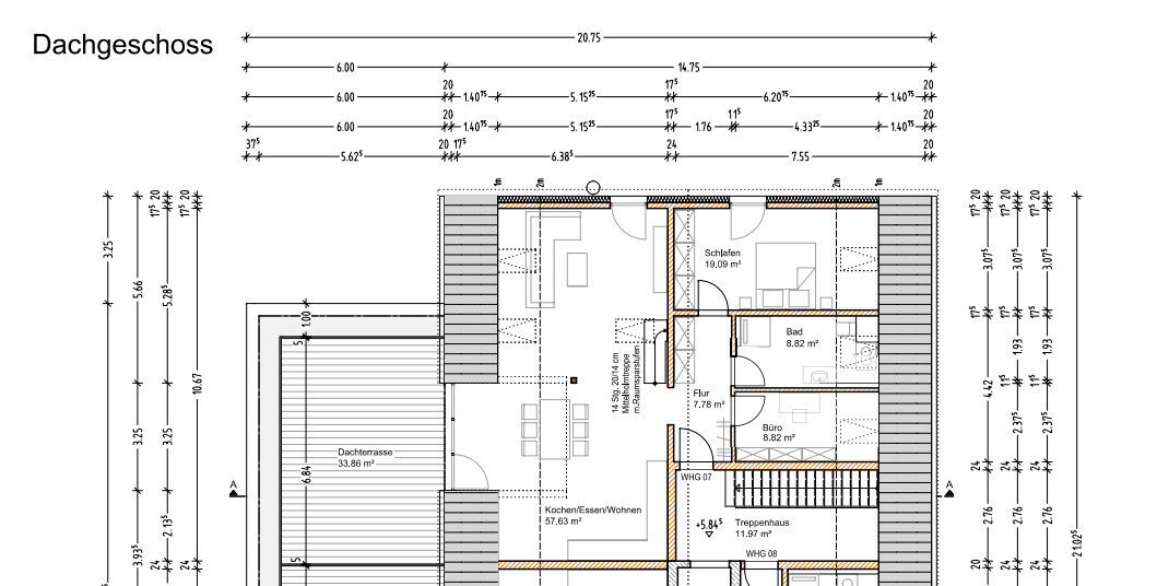 Dachgeschoss-Grundriss: Schlafen, Bad, Büro, Küche/Essen/Wohnen, Flur, Treppenhaus.