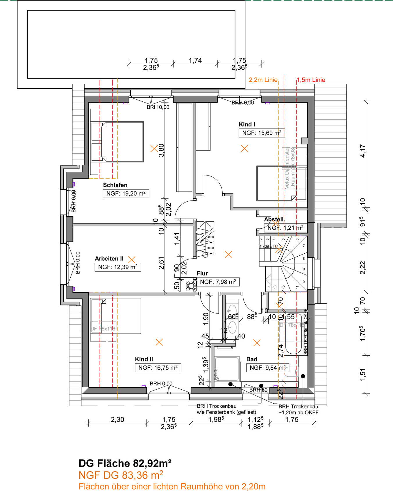 DG-Grundriss: Schlafzimmer, Arbeiten II, Kind I, Kind II, Bad, Flur, Abstellraum.