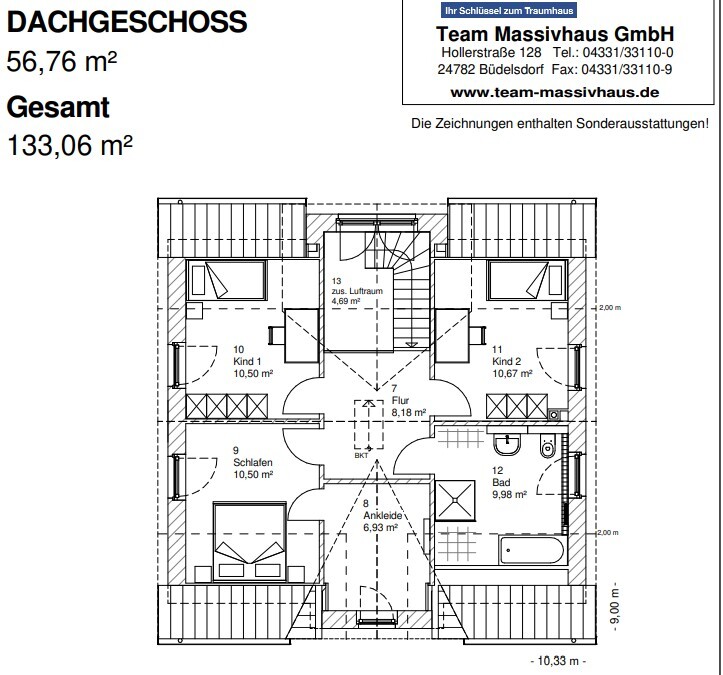 Dachgeschoss Grundriss: zwei Kinderzimmer, Schlafen, Ankleide, Bad, Flur, Treppe