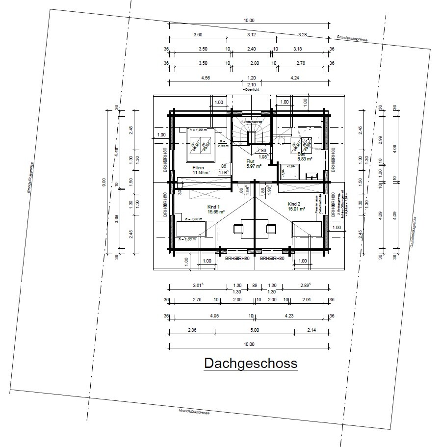 Dachgeschoss-Grundriss mit drei Zimmern (Eltern, Kind 1, Kind 2), Flur, Bad und Treppe.