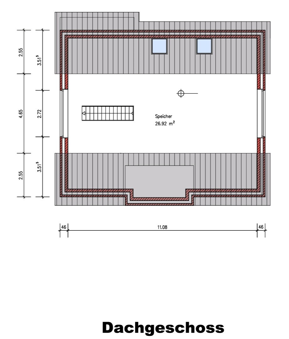 Dachgeschoss: Speicher 26,92 m², Treppe, zwei Dachfenster, umlaufende Dachkante.
