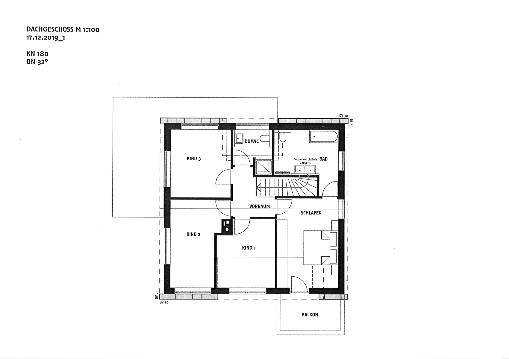 Grundriss Dachgeschoss: 3 Kinderzimmer, Bad, Dusche, Vorraum, Schlafen, Balkon.