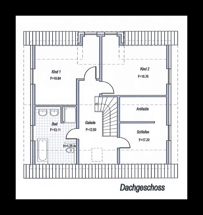 Dachgeschoss-Grundriss mit zwei Kinderzimmern, Schlafen, Ankleide, Bad, Galerie und Treppe.
