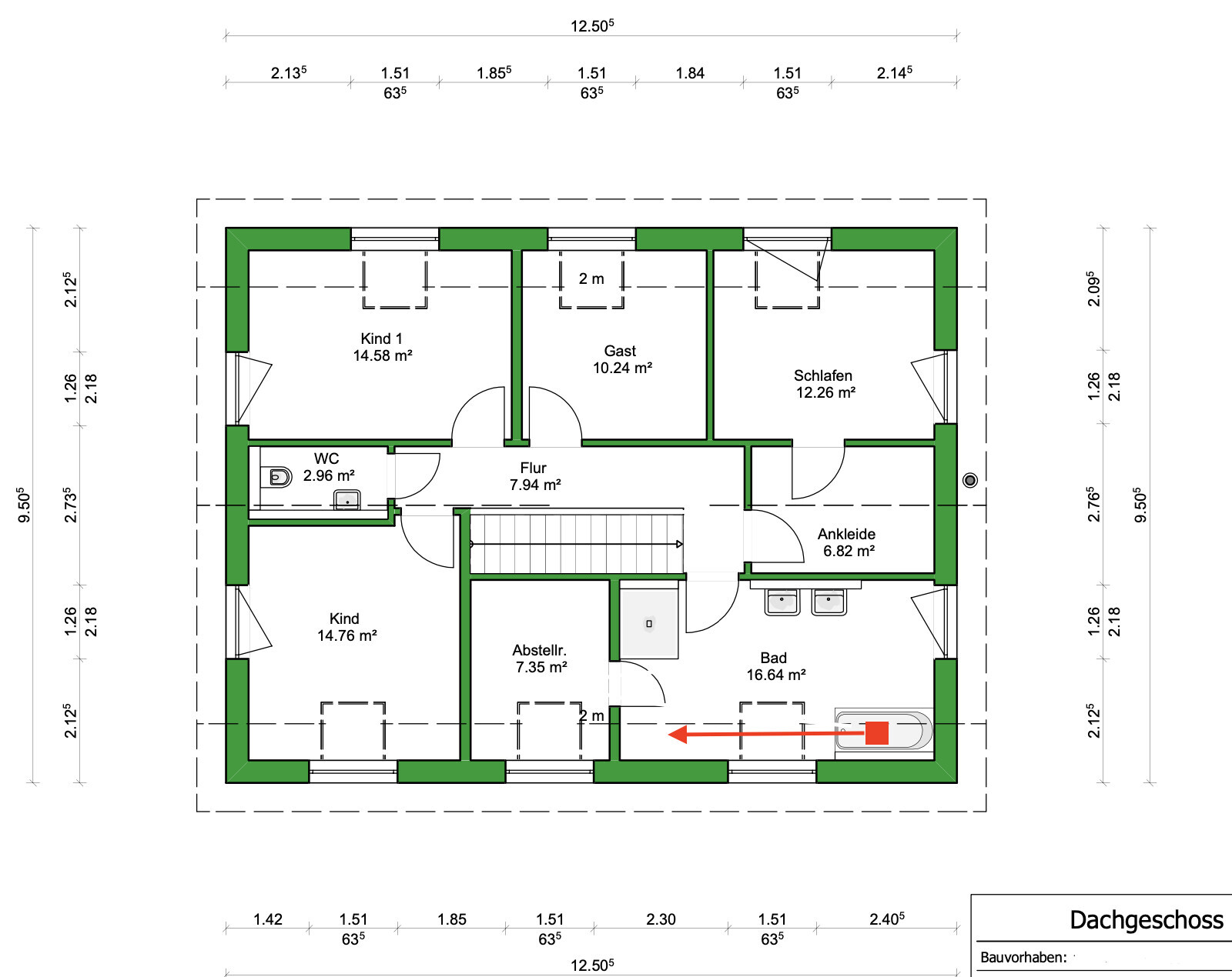 Dachgeschoss-Grundriss mit 4 Zimmern (Kind1, Kind2, Gast, Schlafen), Bad, WC, Ankleide, Flur.
