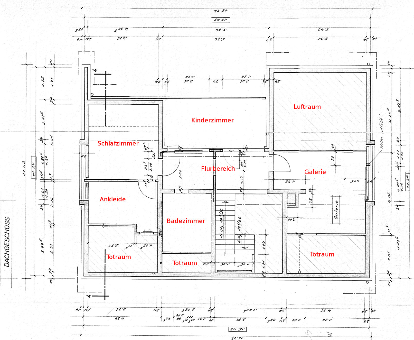 Grundriss Dachgeschoss mit Schlafzimmer, Ankleide, Kinderzimmer, Badezimmer, Galerie, Flur.