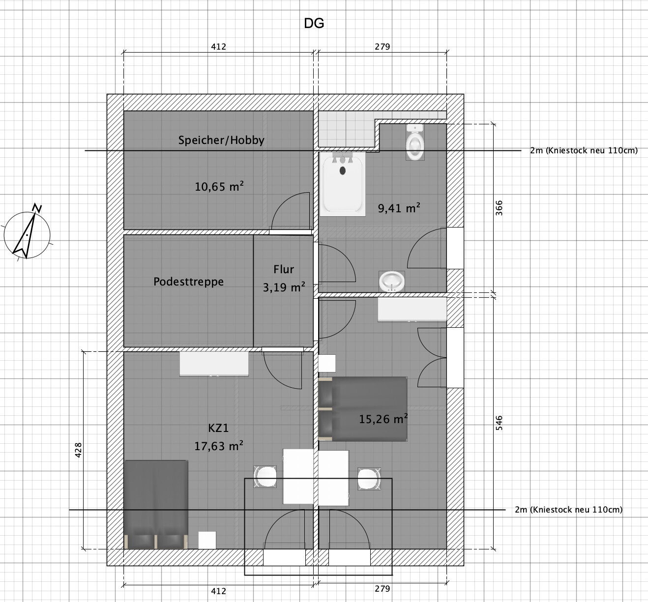 Grundriss DG: Speicher/Hobby, Podesttreppe, Flur, KZ1 und Zimmer 15,26 m² mit Bad.