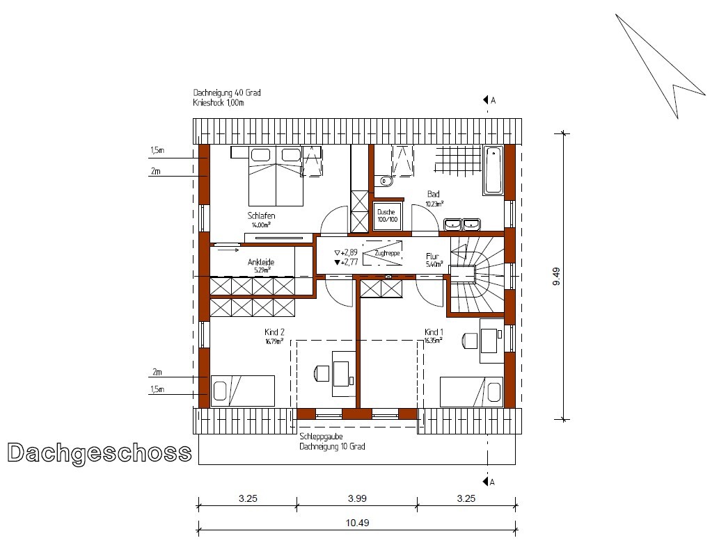 Dachgeschoss Grundriss mit Schlafzimmer, Kinderzimmer, Bad, Flur und Treppen