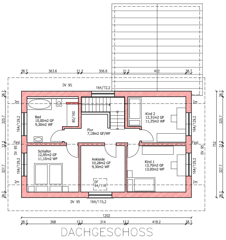 Grundriss Dachgeschoss mit Bad, Schlafen, Ankleide, Flur und zwei Kinderzimmer.