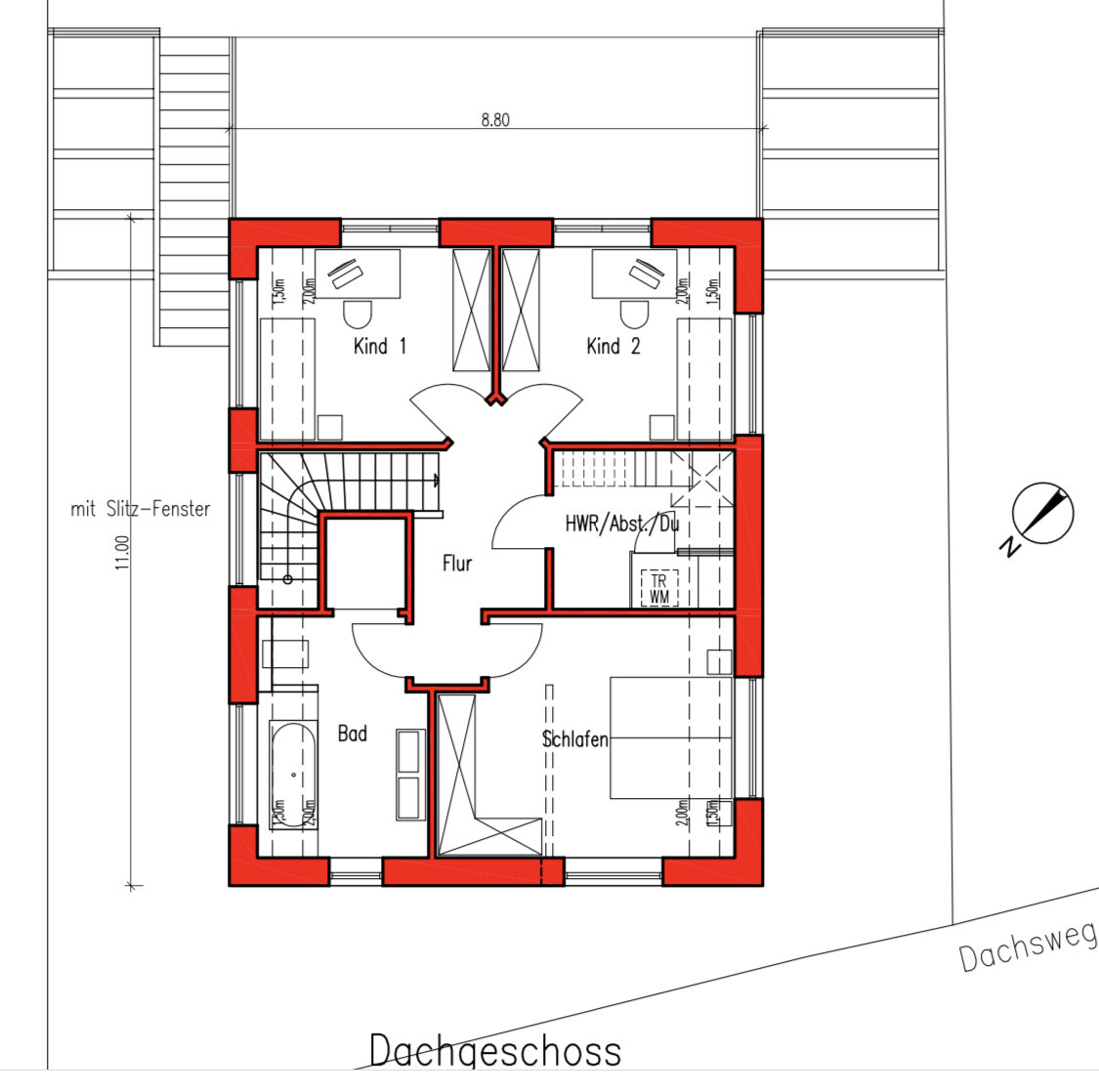 Dachgeschoss-Grundriss: Flur, Bad, Schlafen, zwei Kinderzimmer, Treppenaufgang.