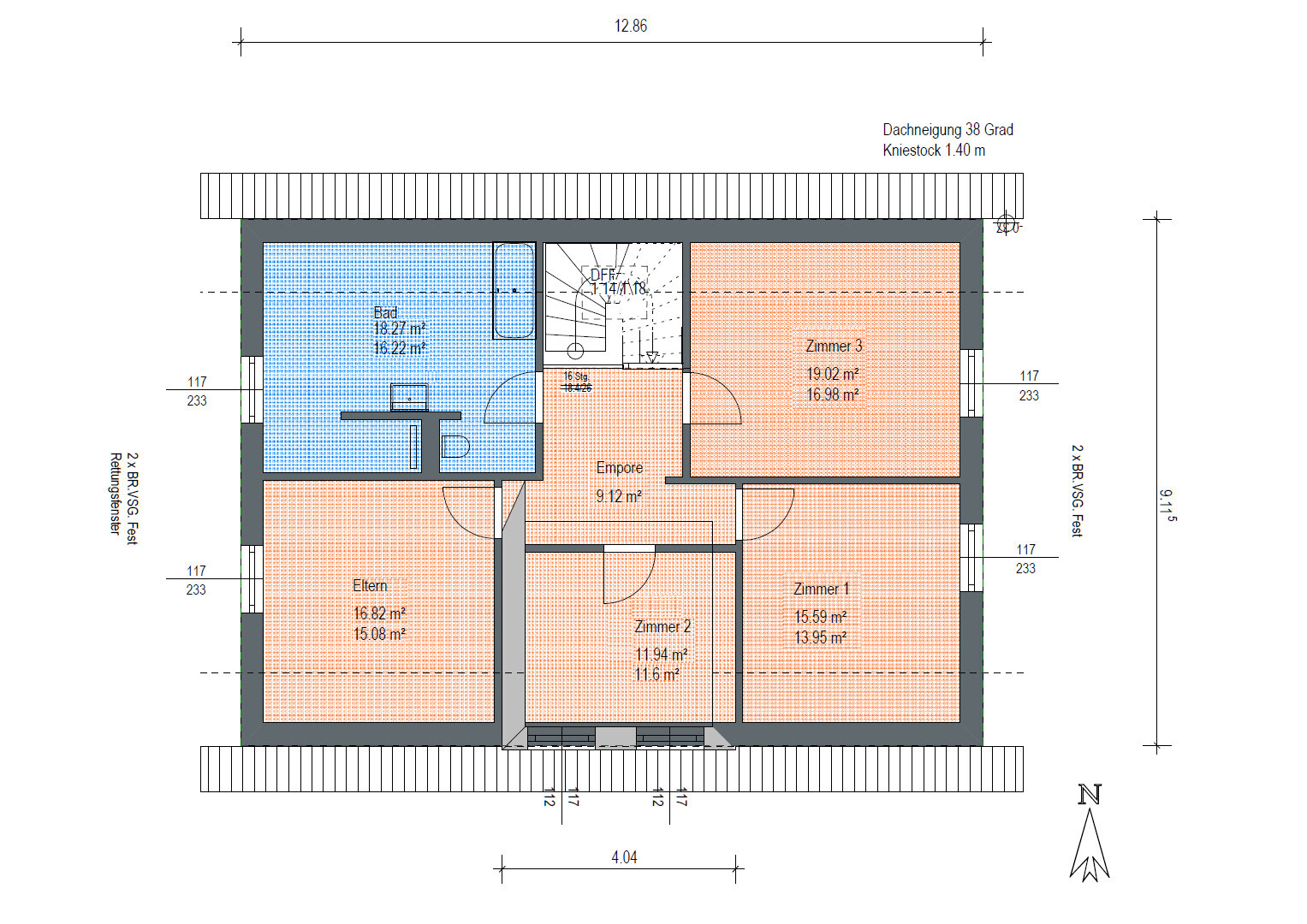 Grundriss eines Hauses: Bad links, Elternzimmer unten links, Zimmer 1–3 und Empore in der Mitte.