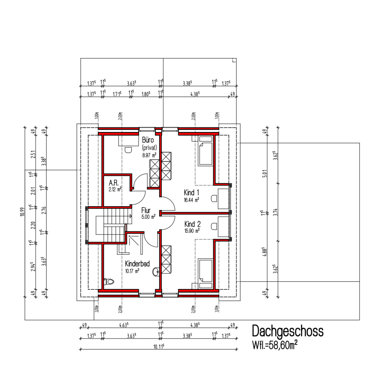 Dachgeschoss-Grundriss eines Hauses mit Büro, zwei Kinderzimmern, Flur und Bad