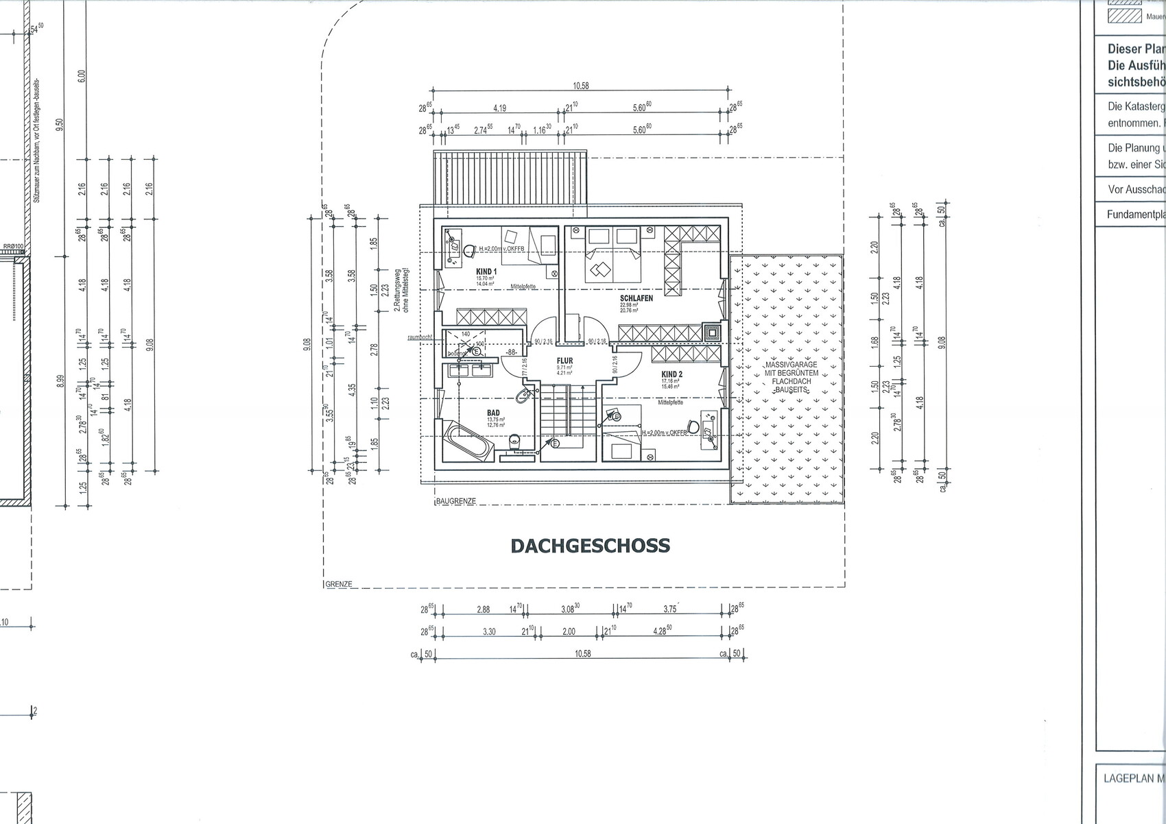 Dachgeschoss Grundrissplan mit Flur, Bad, Schlafzimmern und Kinderzimmern