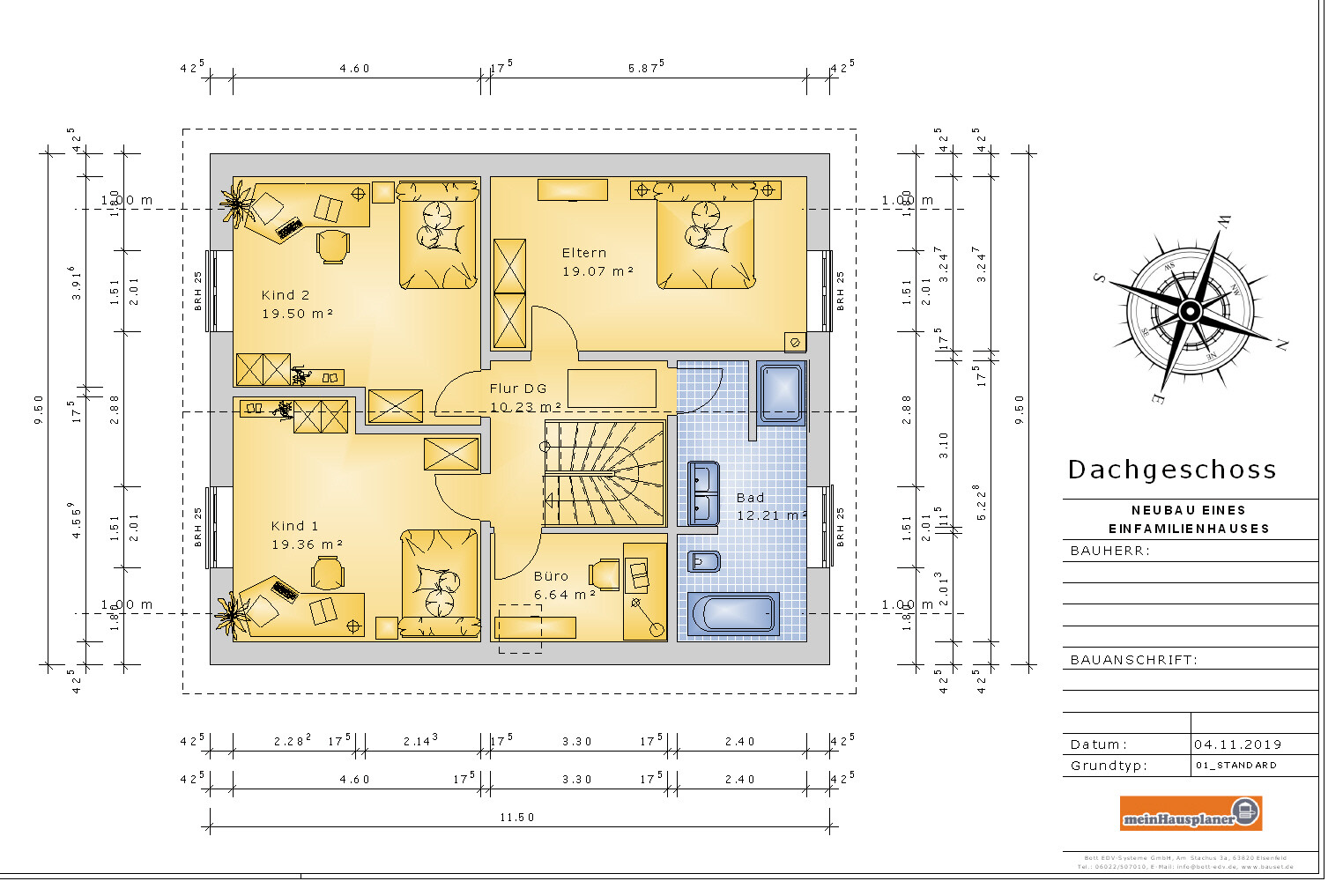 Grundriss Dachgeschoss: Eltern-, zwei Kinderzimmer, Büro, Flur, Bad; Maßangaben