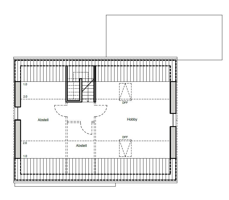 Grundriss eines Innenraums mit Treppenhaus, Abstellflächen und Hobbybereich.