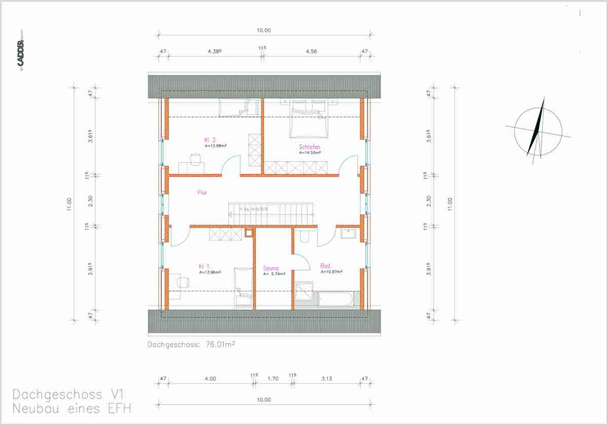 Dachgeschoss Grundriss eines Einfamilienhauses mit Schlafzimmer, Bad und Flur