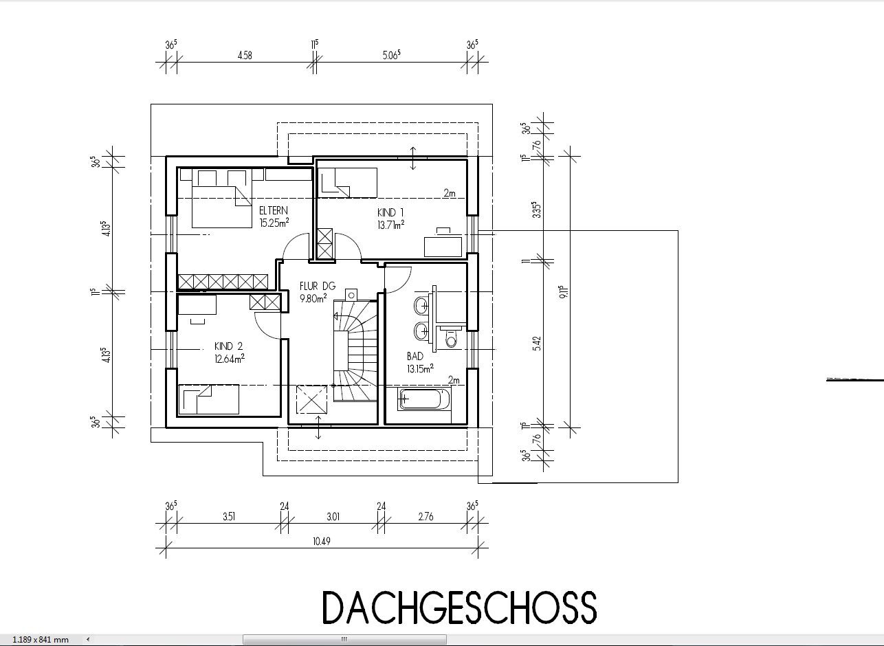 2D Grundriss des Dachgeschosses mit Eltern- und Kinderschlafzimmern, Flur und Bad