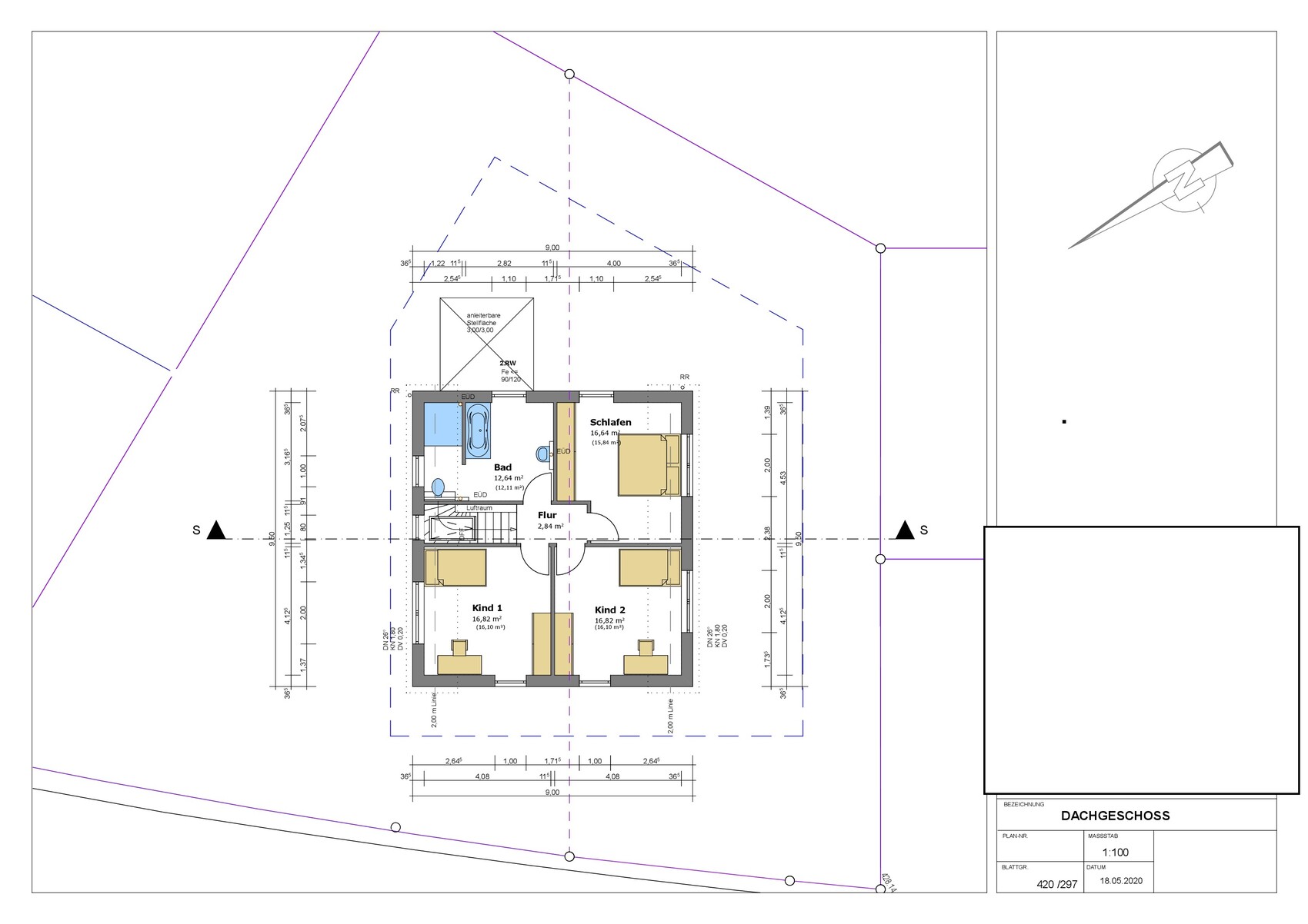 Grundriss Dachgeschoss: Schlafzimmer, zwei Kinderzimmer, Bad, Flur; Maßstab 1:100
