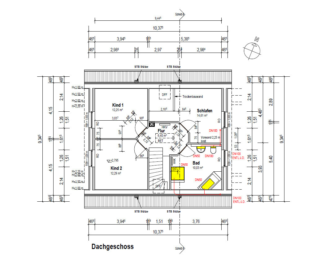 Grundriss Dachgeschoss: Schlafen, Kind 1, Kind 2, Bad, Flur, Treppe; Maßangaben.