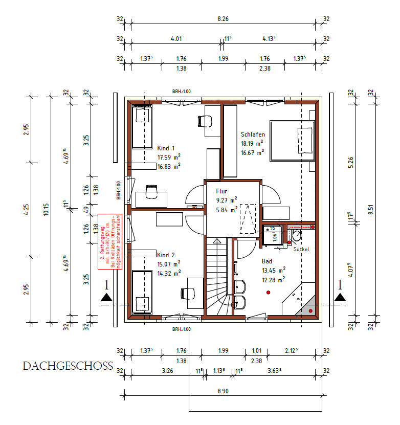 Grundriss Dachgeschoss: 2 Kinderzimmer, Schlafzimmer, Flur, Bad, Treppe.