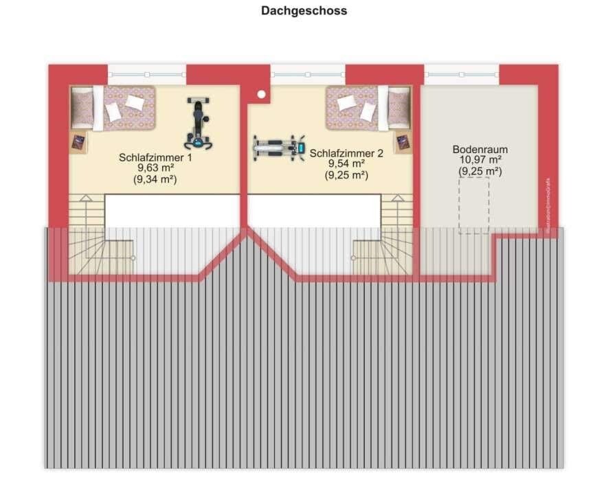 Grundriss Dachgeschoss mit zwei Schlafzimmern und Bodenraum