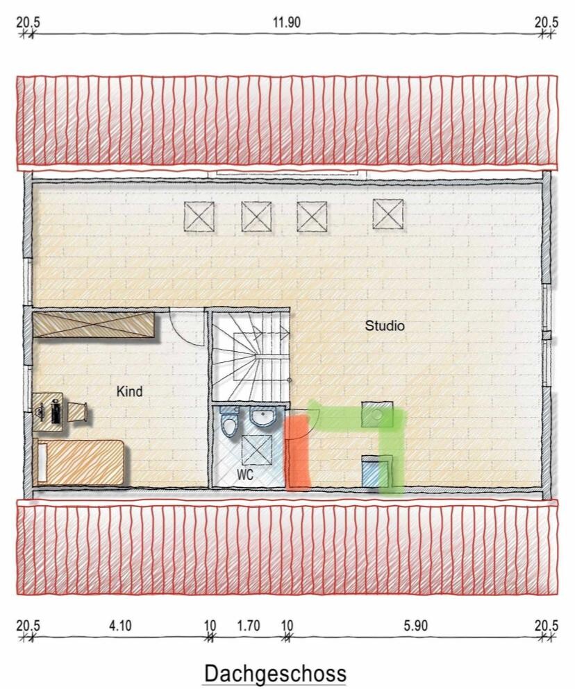 Dachgeschoss-Grundriss: Studio, Kinderzimmer, WC, Treppe; farbmarkierte Bereiche