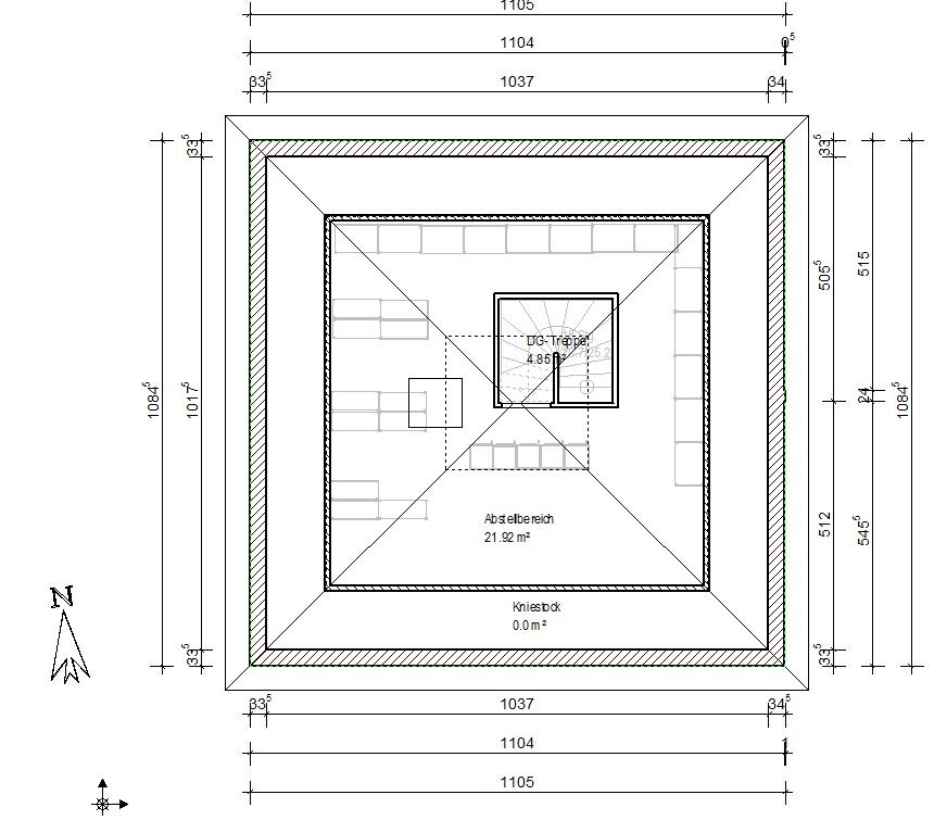 Quadratischer Grundriss: DG-Treppe, Abstellbereich 21.92 m², Maßlinien, Nordpfeil