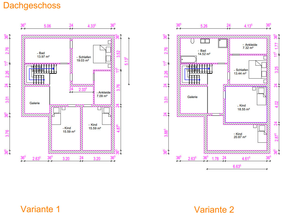Dachgeschoss Grundriss mit zwei Varianten, Bad, Schlafen, Galerie und Kinderzimmer