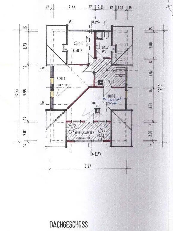 Grundriss Dachgeschoss: Flur, Bad/WC, zwei Kinderzimmer, Wintergarten.