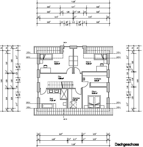 Grundriss Dachgeschoss mit Flur, zwei Kinderzimmer, Elternzimmer, Ankleide, Bad und Waschen.